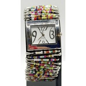 CC Multicolor Beaded Stretch Watch Silver Tone Quartz New Battery 7"